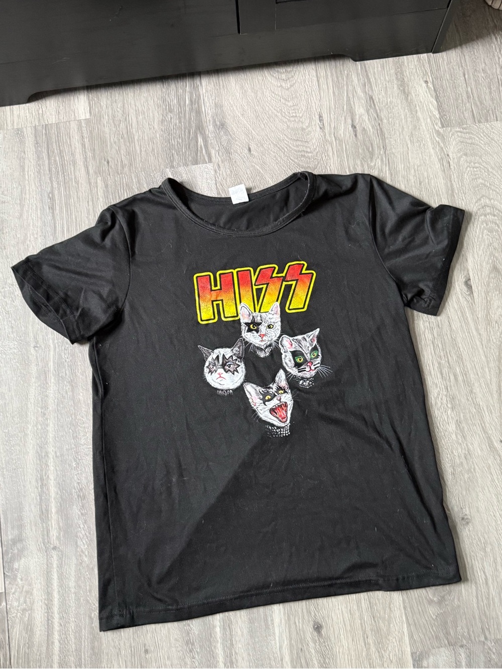 Black Graphic Short Sleeve Tee with 'KISS' Style Logo and Cat Faces